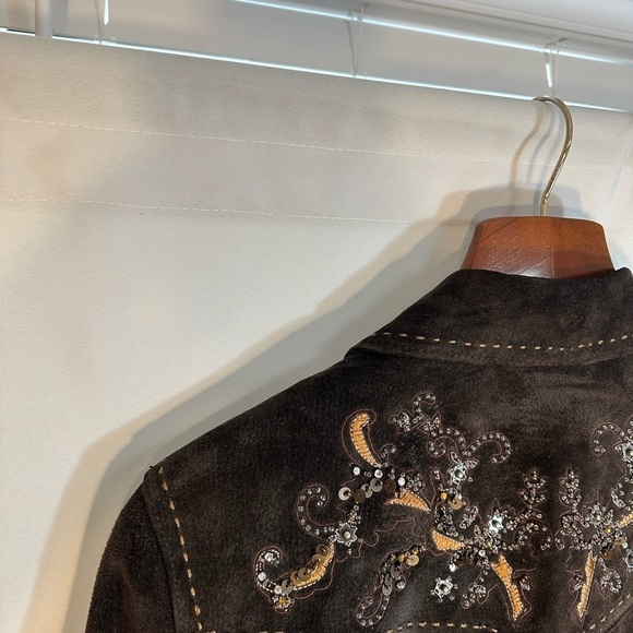Coldwater Creek Brown Leather Suede Embroidered Beaded Sequins Jacket Lined PM - Picture 4 of 10